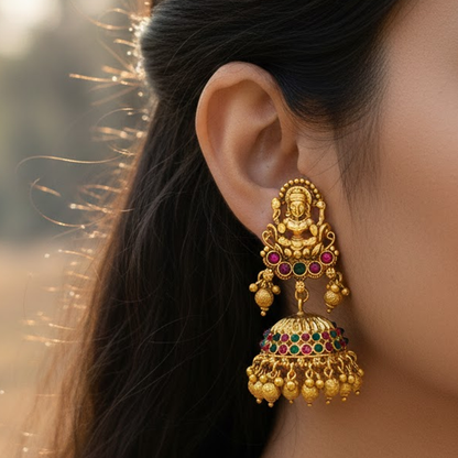 Jhumka with Red & Green Stones