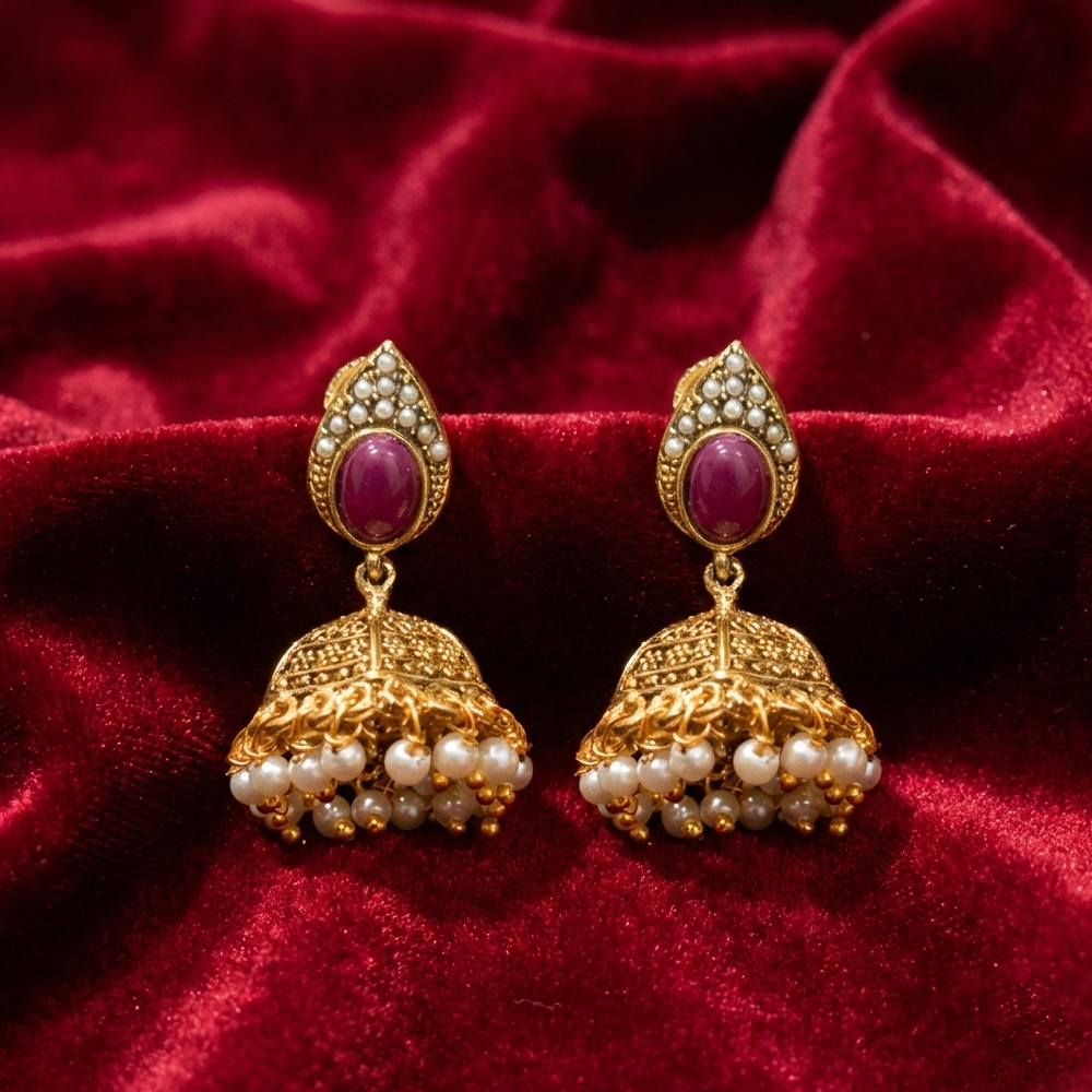 Leaf Pattern Red Stone & Pearls Jhumka