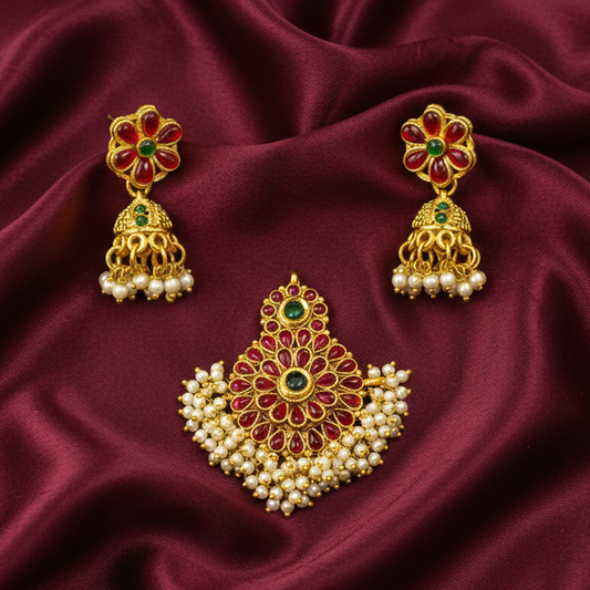 Flower Pattern Pendant with Red stones and White Hanging Pearls