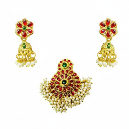 Flower Pattern Pendant with Red stones and White Hanging Pearls