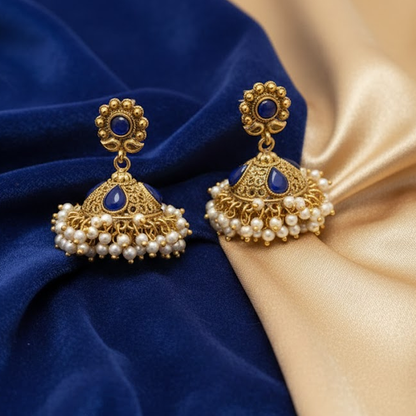 Jhumka with Dark Blue Stones with White Pearls
