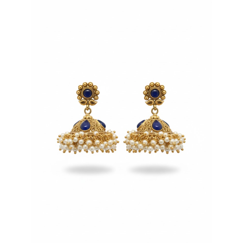 Jhumka with Dark Blue Stones with White Pearls