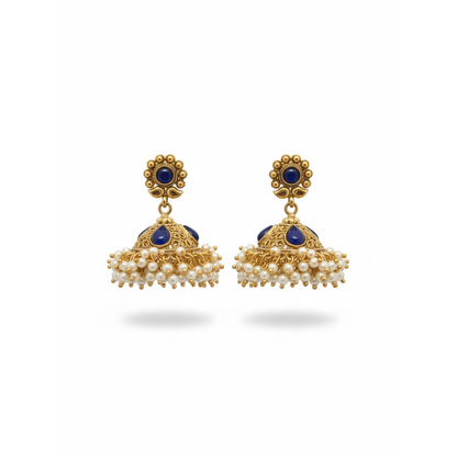 Jhumka with Dark Blue Stones with White Pearls