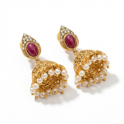 Leaf Pattern Red Stone & Pearls Jhumka