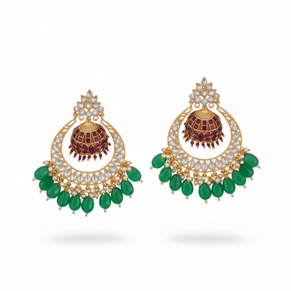 Jhumka Chandbali with White, Red Stones & Green Beads