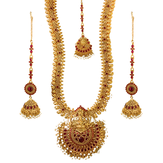 Gold Plated Necklace Set With Lakshmi Design Red Stones & White Pearls
