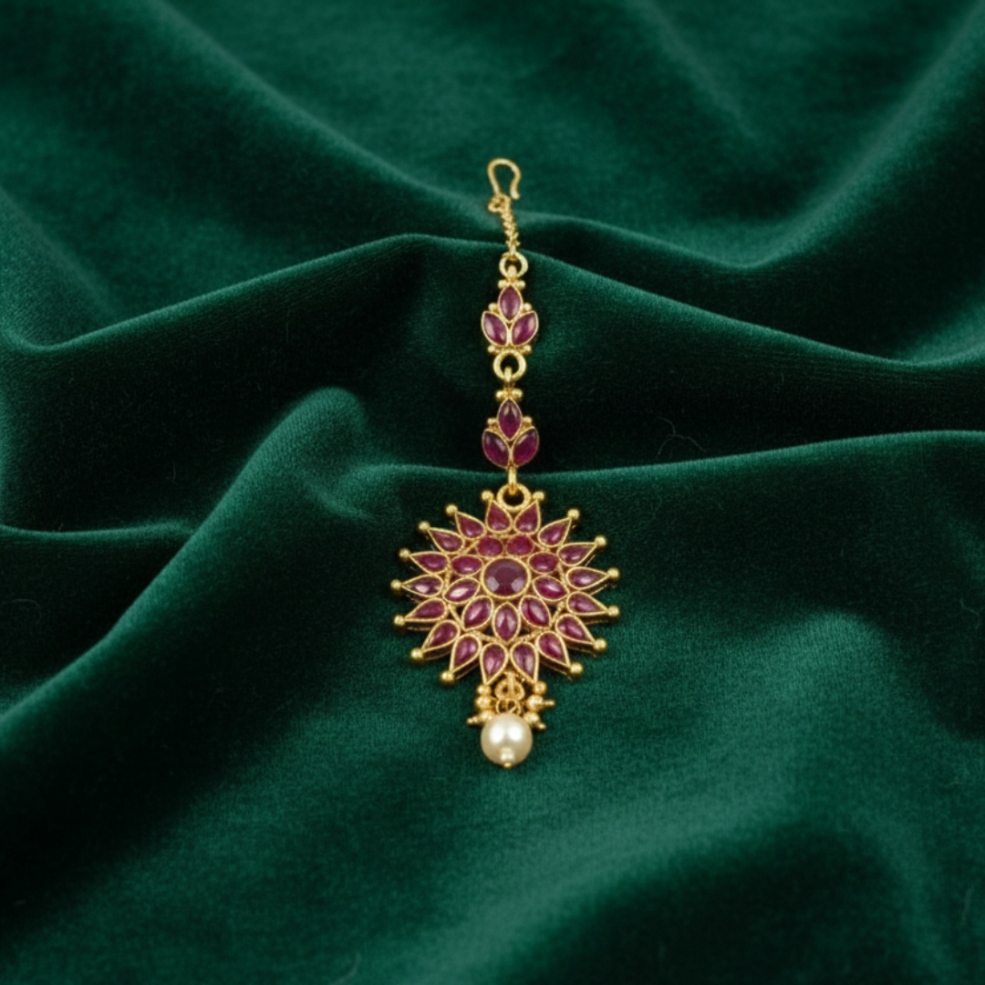 Gold Plated Maang Tikka with Kemp Red Stones