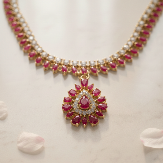 Pink and White Artificial Stones Gold Plated Necklace