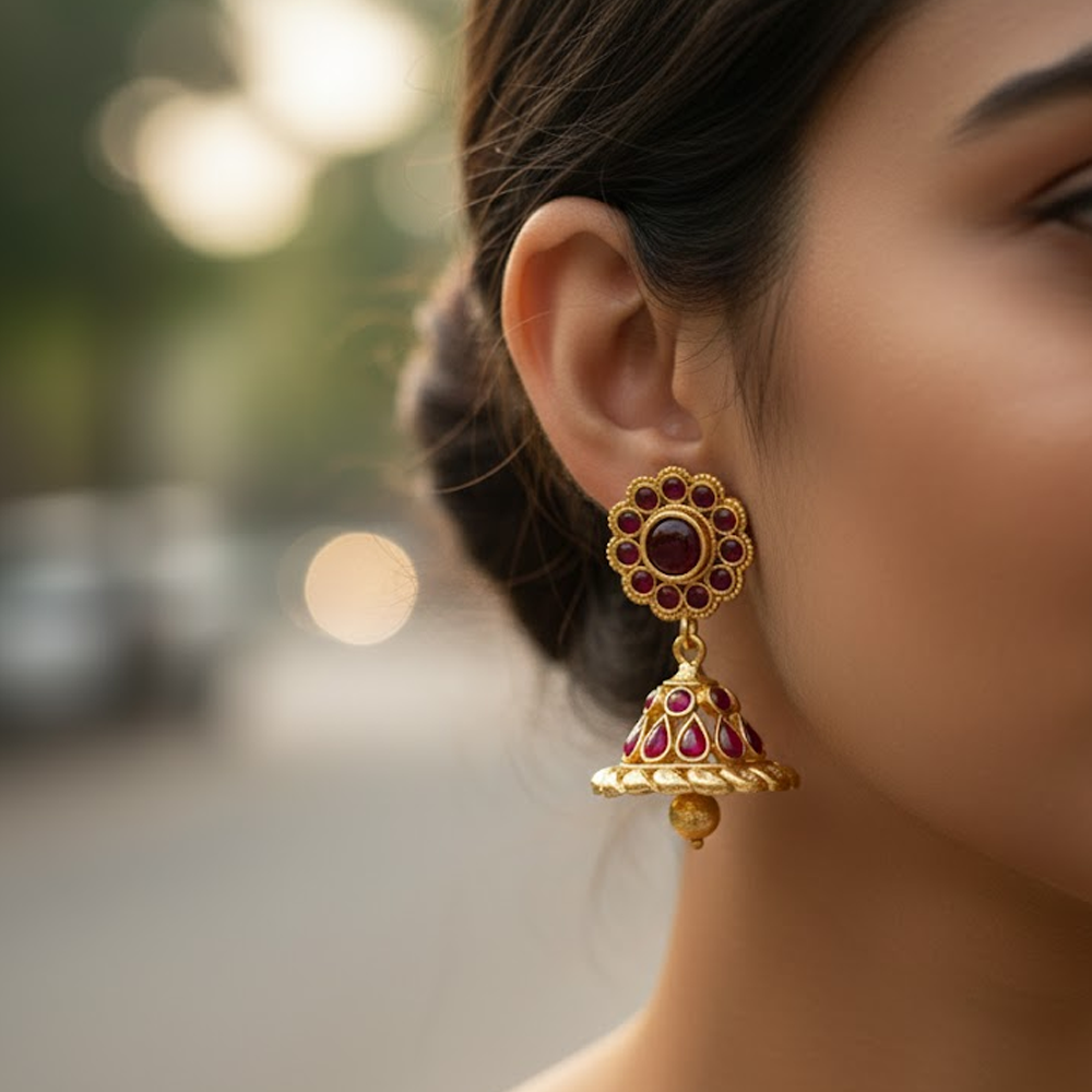 Red Kemp Stones Traditional Jhumka