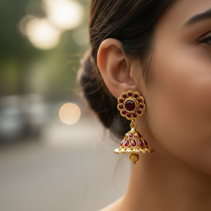 Red Kemp Stones Traditional Jhumka