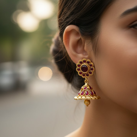 Red Kemp Stones Traditional Jhumka