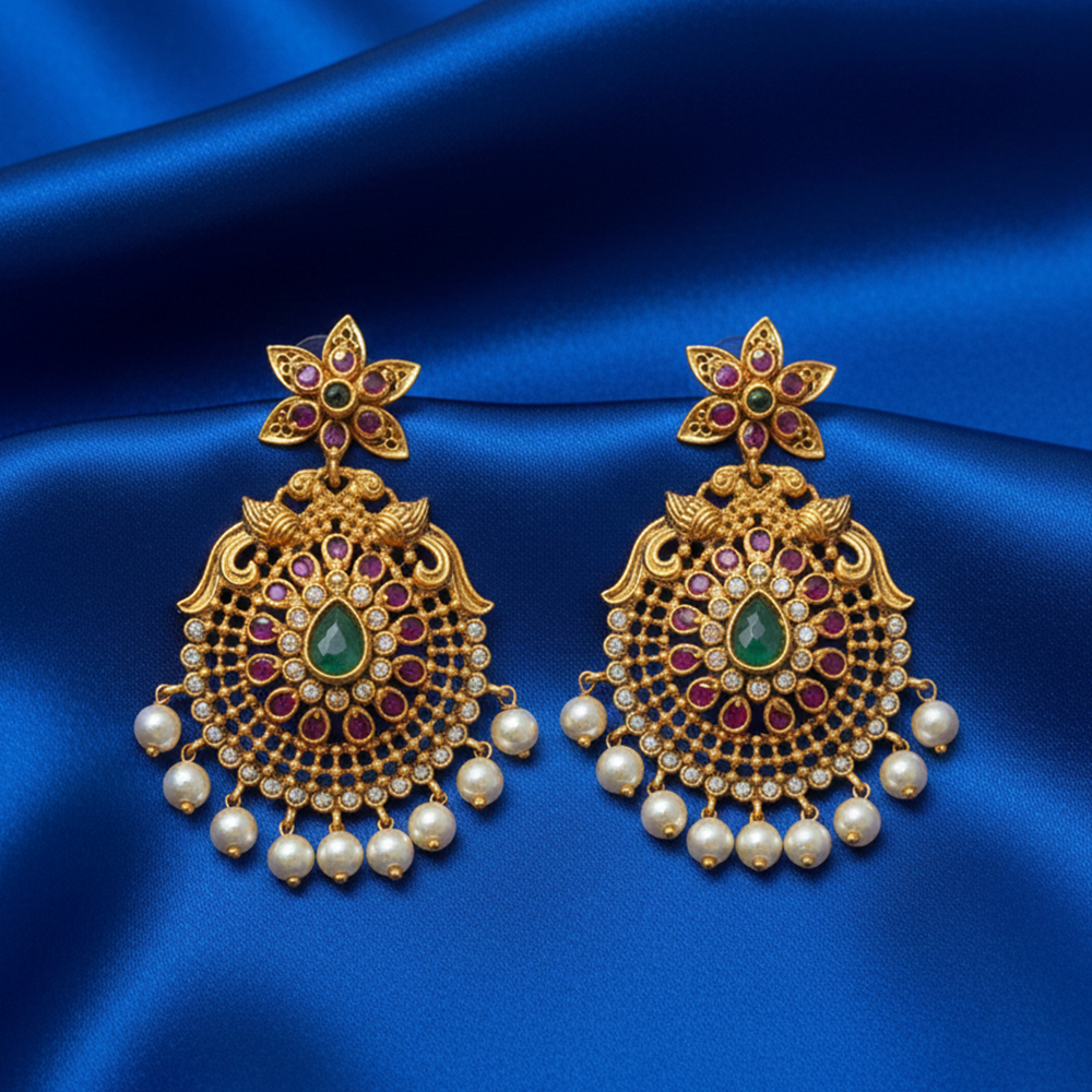 Chanbali With Green And White Stones And Pearls