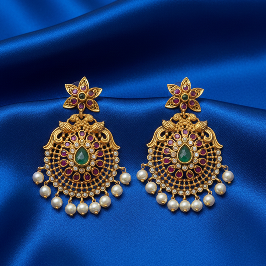 Chanbali With Green And White Stones And Pearls