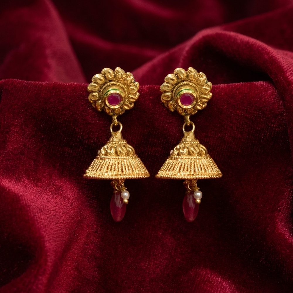 Gold Plated Jhumka with Red Flower Stones & Beads