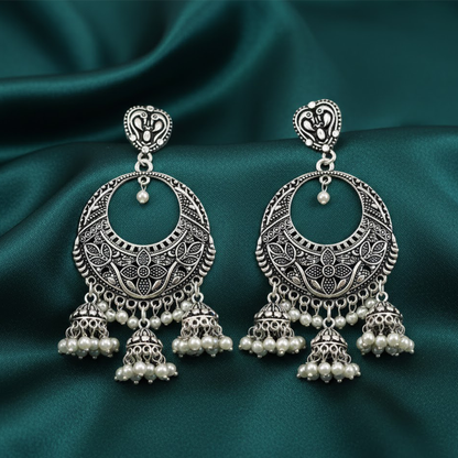 Oxidised Classic Chandbali Earrings with Hanging Jhumkas