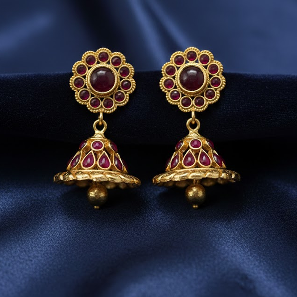 Red Kemp Stones Traditional Jhumka