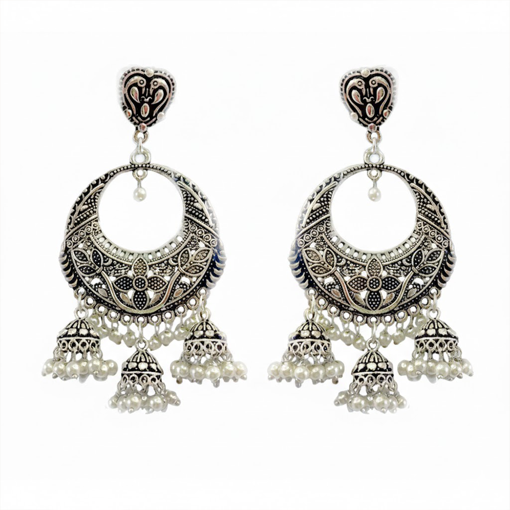 Oxidised Classic Chandbali Earrings with Hanging Jhumkas
