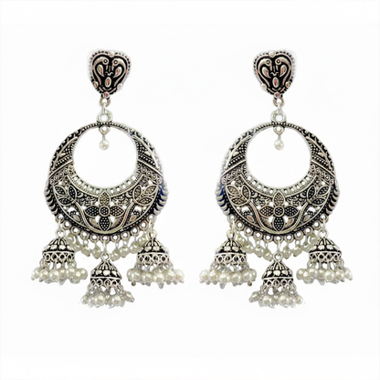 Oxidised Classic Chandbali Earrings with Hanging Jhumkas