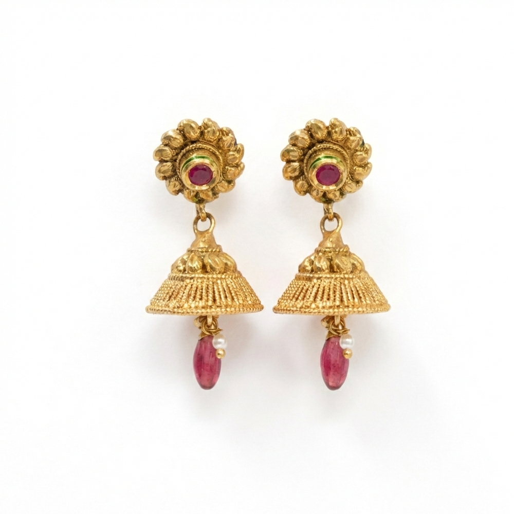 Gold Plated Jhumka with Red Flower Stones & Beads