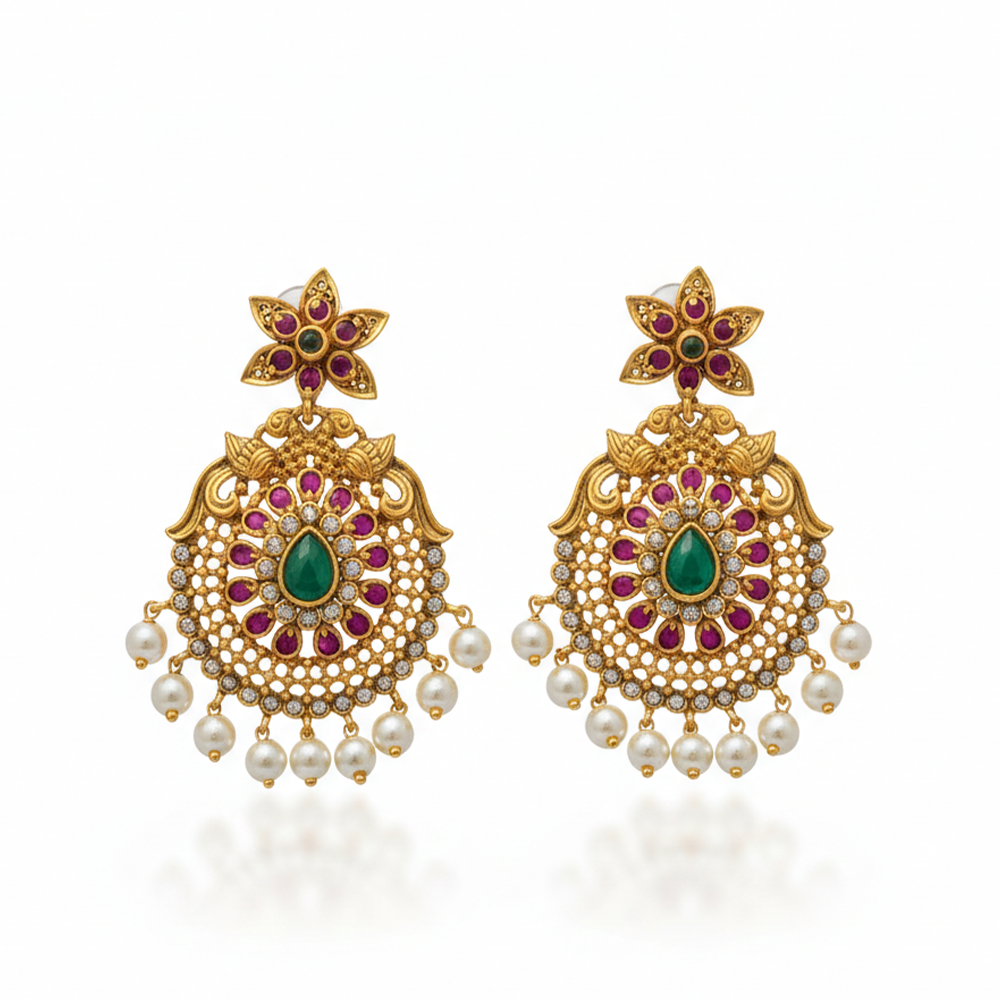 Chanbali With Green And White Stones And Pearls