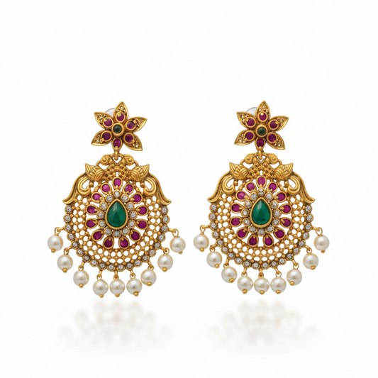 Chanbali With Green And White Stones And Pearls