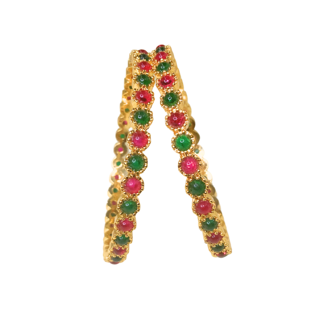 GOLD PLATED KEMP BANGLES WITH ROUND OVAL RED AND GREEN STONES