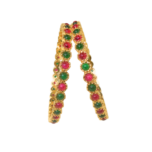 GOLD PLATED KEMP BANGLES WITH ROUND OVAL RED AND GREEN STONES