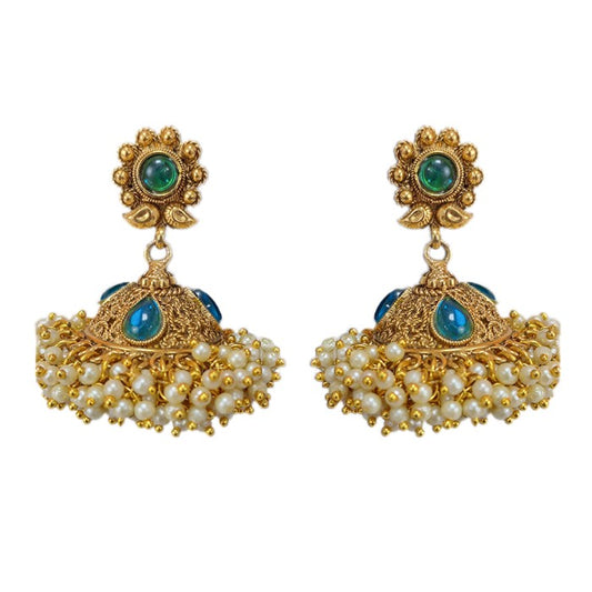Gold plated jhumka with blue stones manga design white pearls