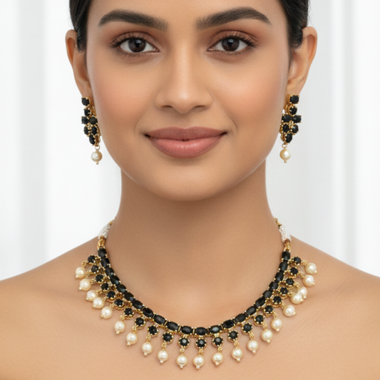 Gold Plated Black Artificial Stones & Pearls Necklace