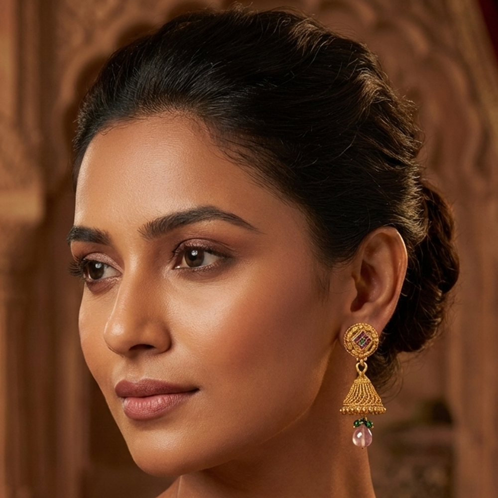 Gold Plated Jhumka With Diamond Red & Green Stone