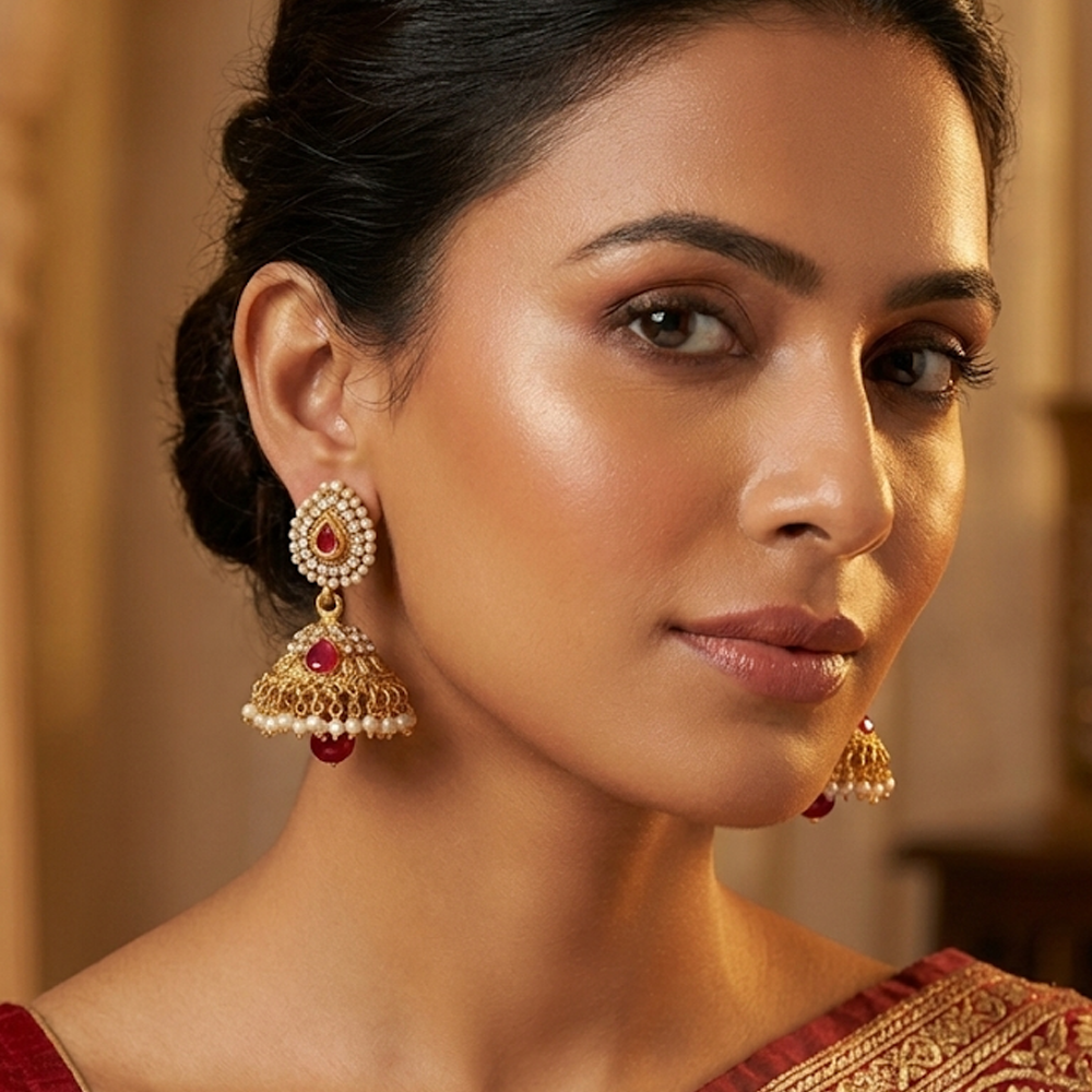 Kundan Stone Jhumka with Red Stones & Pearls