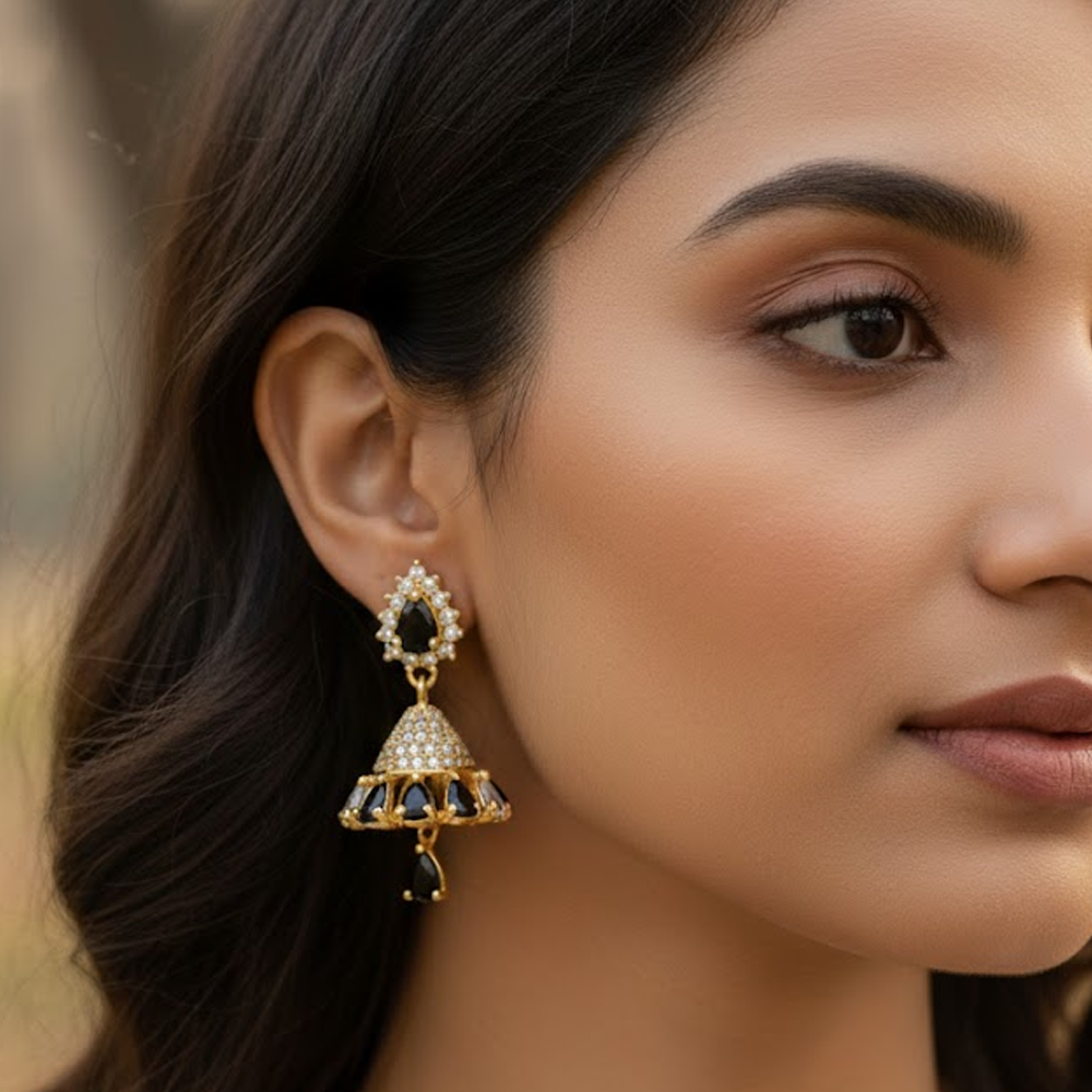 White & Black Stones Jhumka with Hanging Black Bead