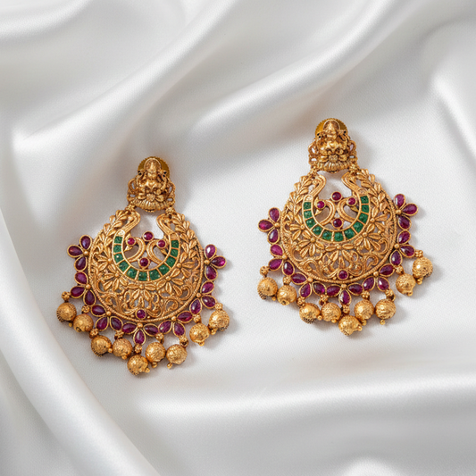 Chandbali with Red and Green Stone and Beads