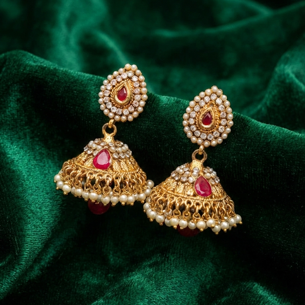 Kundan Stone Jhumka with Red Stones & Pearls