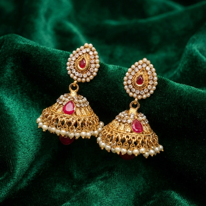 Kundan Stone Jhumka with Red Stones & Pearls