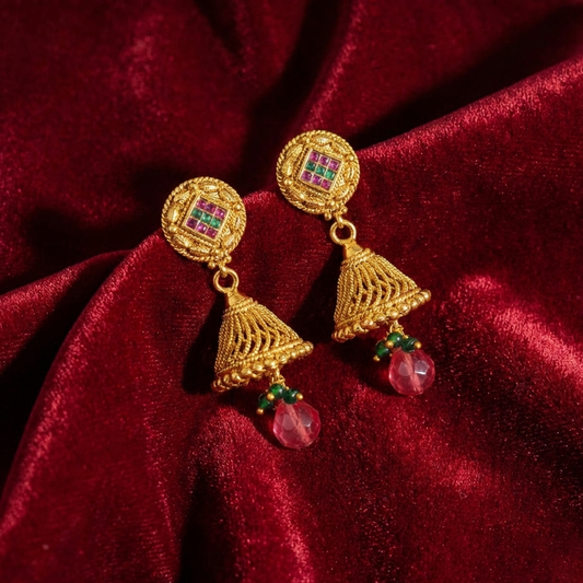 Gold Plated Jhumka With Diamond Red & Green Stone