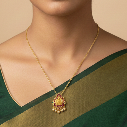 Lakshmi Pendant with Covered Red Stones and White Pearls