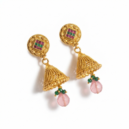 Gold Plated Jhumka With Diamond Red & Green Stone