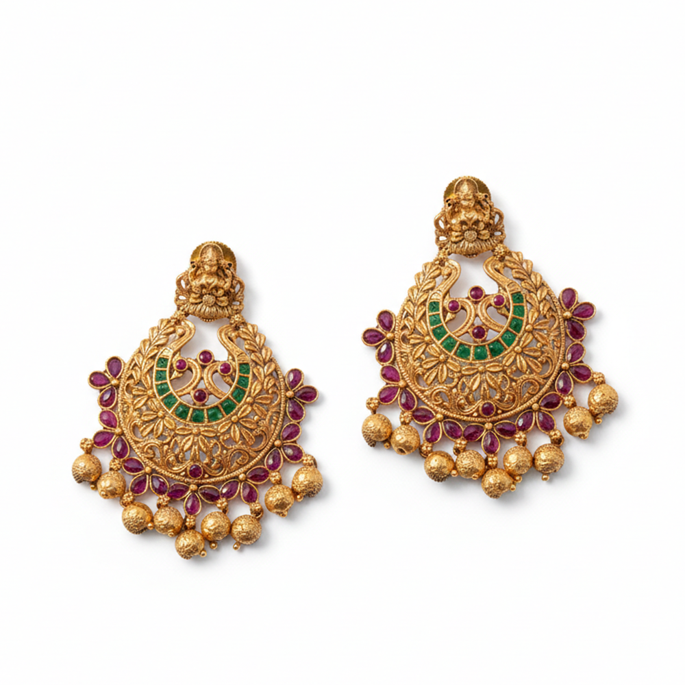 Chandbali with Red and Green Stone and Beads