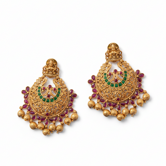 Chandbali with Red and Green Stone and Beads