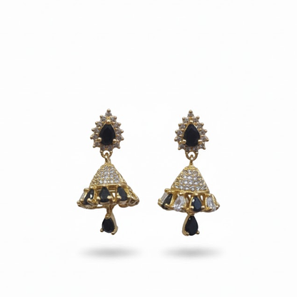 White & Black Stones Jhumka with Hanging Black Bead