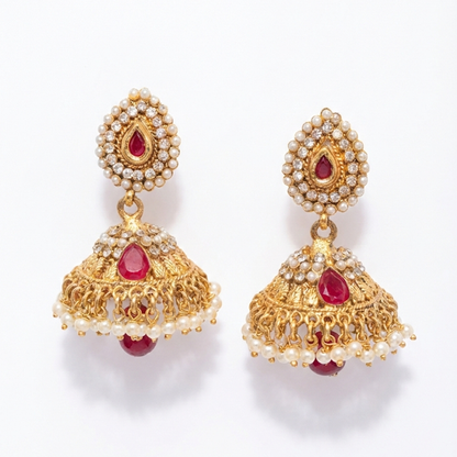 Kundan Stone Jhumka with Red Stones & Pearls