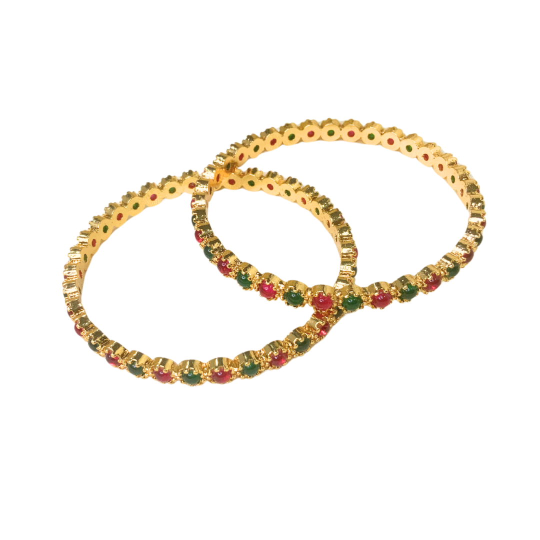 GOLD PLATED KEMP BANGLES WITH ROUND OVAL RED AND GREEN STONES