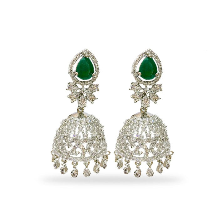 Silver Jhumkas With White And Green Stone