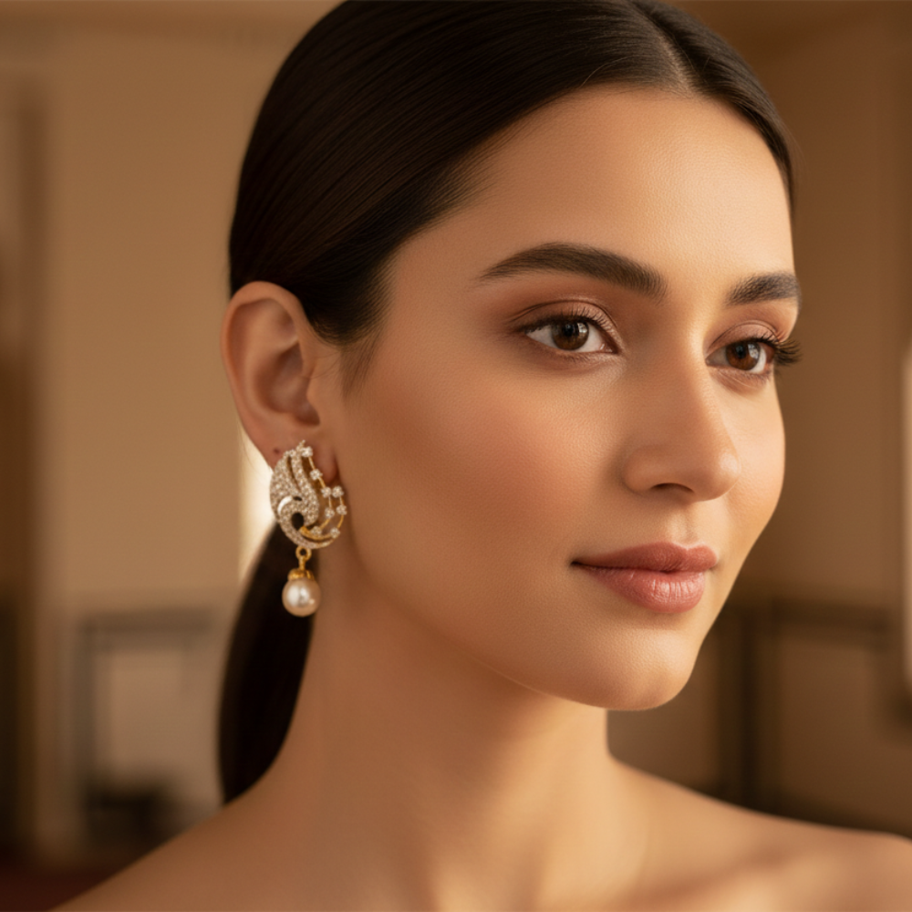 Peacock Studs with Hanging Pearls