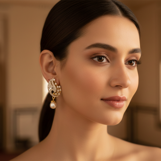 Peacock Studs with Hanging Pearls