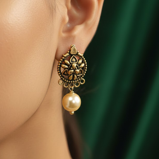 Antique Finish Hanging Pearls Studs