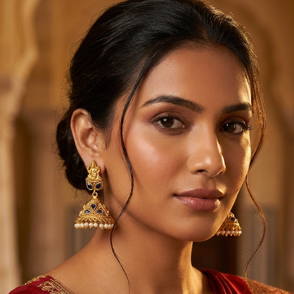 Lakshmi Stud Color Stone Hanging Pearls Jhumka