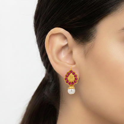 Golden Lakshmi Studs With Red Stones & White Pearls