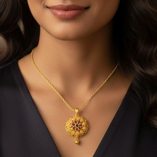 Red and Green Stone Big Flower Pattern Pendant